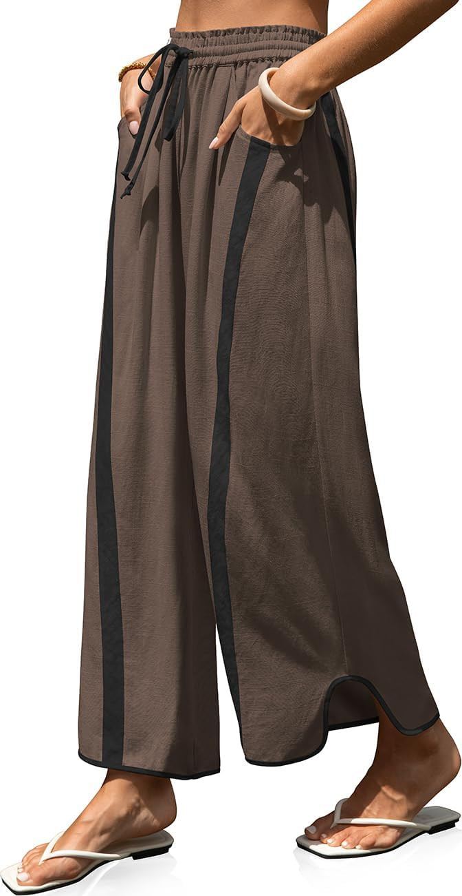 TARSE Womens Linen Wide Leg Pants Baggy Casual Drawstring Elastic Waisted Contrast Color Loose Y2K Pants with Pocket | Amazon (US)