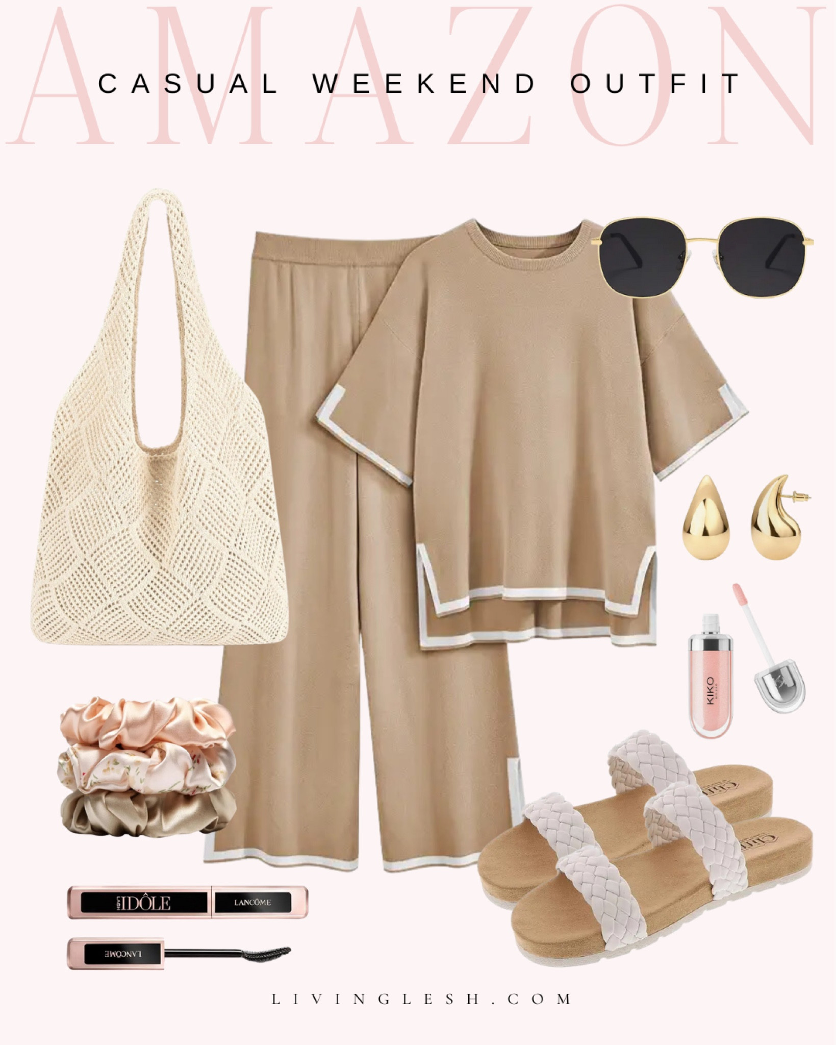 Casual outfit | Casual style | Amazon outfit | Amazon fashion | Fall style | Summer style | Weekend style | Matching set | Sunglasses | Tote bag | Crochet bag | Sandals | Scrunchies | Lip gloss | Mascara

#LTKFindsUnder50 #LTKShoeCrush #LTKStyleTip