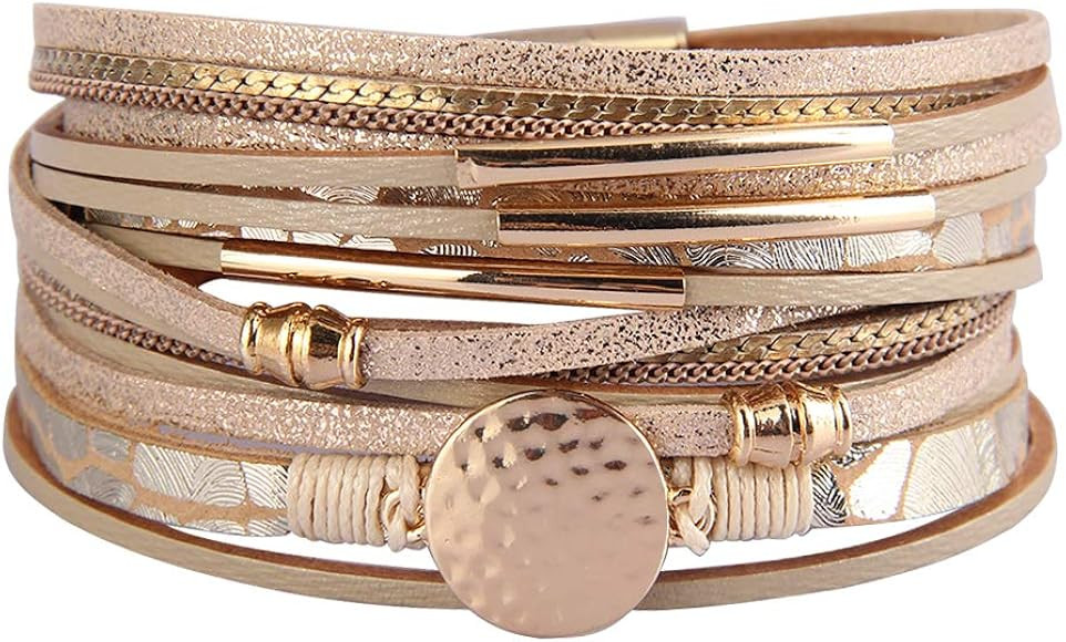 Leather Wrap Bracelets for Women Goldplated Metal Crescent Cuff Bracelet with Magnetic Buckle Cas... | Amazon (US)