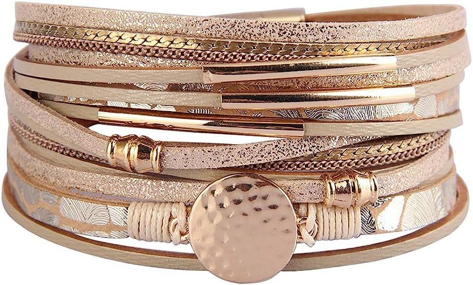 Leather Wrap Bracelets for Women Goldplated Metal Crescent Cuff Bracelet with Magnetic Buckle Cas... | Amazon (US)