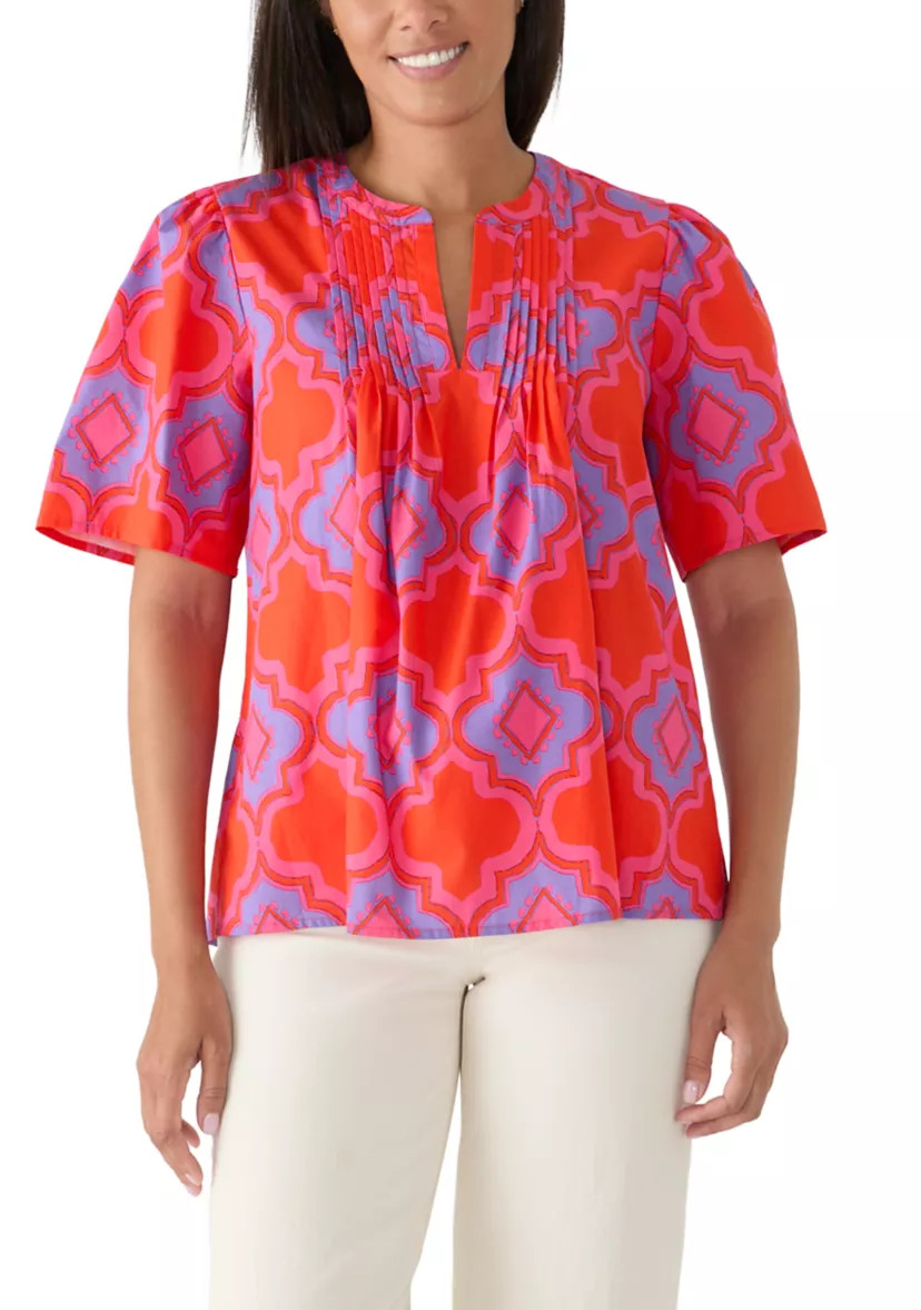 Women's Split Neck Pleated Tile Print Blouse | Belk