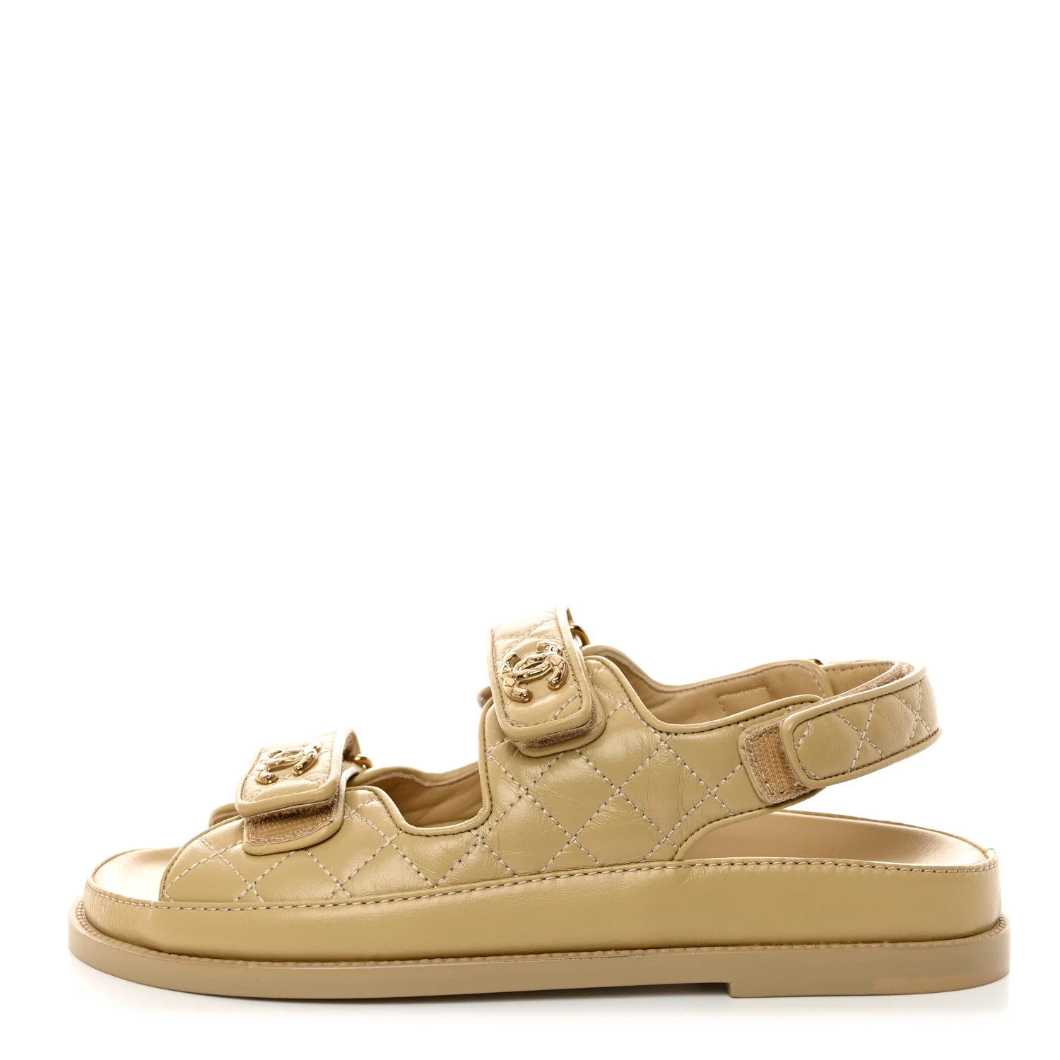 Crumpled Shiny Lambskin Velcro Dad Sandals 37.5 Beige | FASHIONPHILE (US)