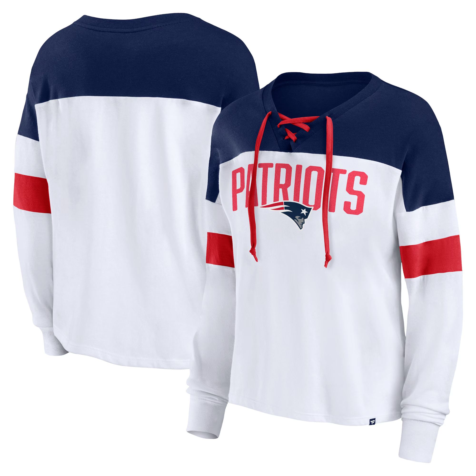 Women's New England Patriots Fanatics Branded White/Navy Even Match Long Sleeve Lace-Up V-Neck T-... | NFL Shop