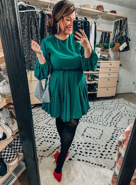 Holiday party dress, wedding guest look- midsize fashion- size 14 Green Dress is a size 14 Red bow heels tts Shimmer bag The best tights are tts / don’t roll and so comfy

#LTKCyberweek #LTKHoliday #LTKSeasonal