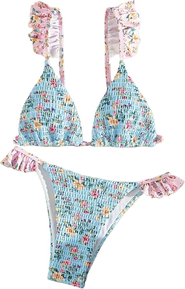 Women's Floral Smocked 2 Piece Bikini Set Ruffled Hem Bathing Suit Swimwear | Amazon (US)
