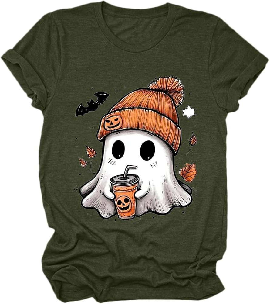 Halloween Shirts for Women 2025 Ghost Shirt Cute Spooky Tshirt Fall Graphic Tees Casual Short Sle... | Amazon (US)