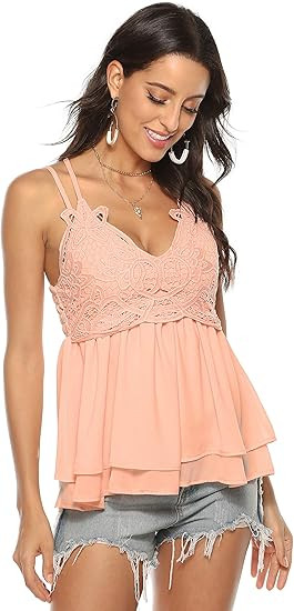 Feager Women Lace V Neck Chiffon Cami Tank Top Spaghetti Strap Sleeveless Shirts | Amazon (US)