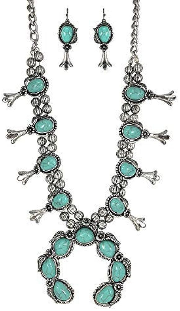 Turquoise Vintage Squash Blossom Metal Statement Necklace/w Earrings No.530 | Amazon (US)