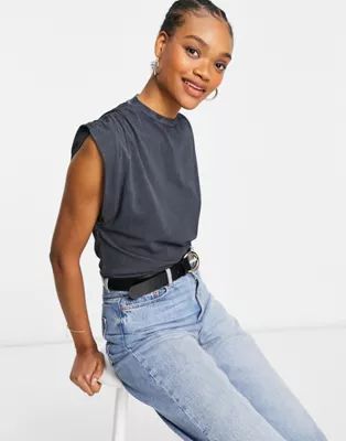 ASOS DESIGN sleeveless t-shirt with ruched shoulder in washed charcoal | ASOS (Global)