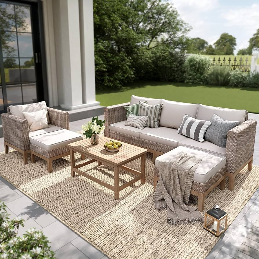 PHI VILLA All Weather Wicker Patio Furniture Sets, 5 Pieces Outdoor Natural Rattan Sectional Sofa... | Amazon (US)