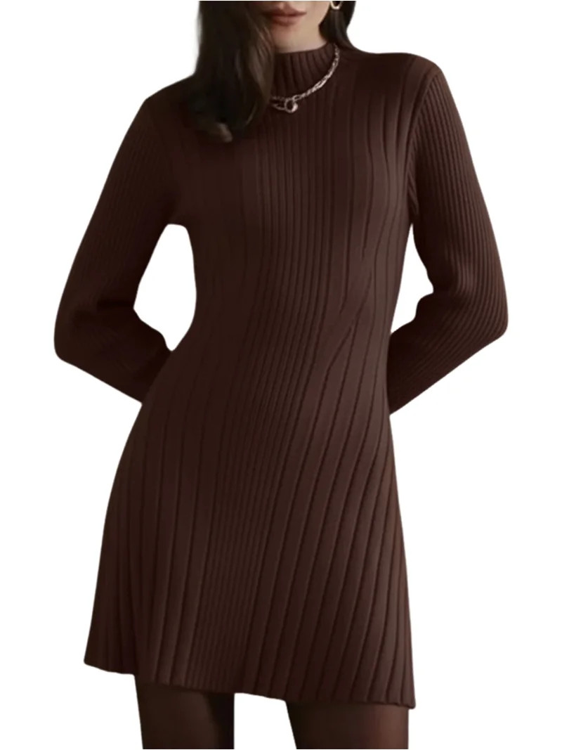 Women Turtle Neck Long Sleeve Bodycon Fall Winter Mini Slim Knit Sweater Dress Brown L | Walmart (US)