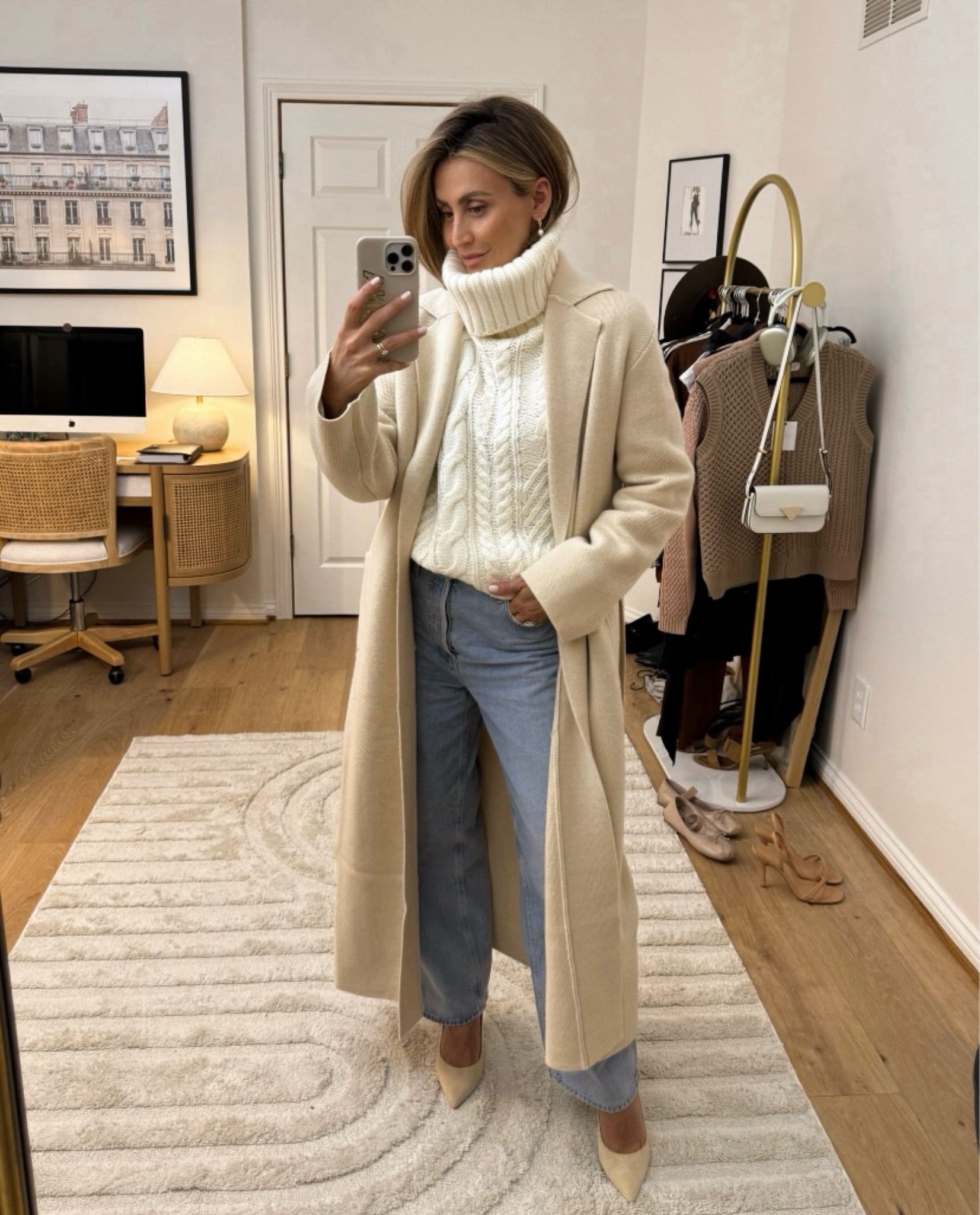 Casual winter outfit for weekend or work day wear! There’s really no piece that’s quite as classic as a white cable knit sweater. Add a long knit cardigan for a cozy and stylish layer (you could even add another winter coat on top!) I went with heels as my shoe of choice but UGG boots, ankle boots, and sneakers would work for a more casual option. Also, if you’re looking for a great pair of jeans to add to your wardrobe, these low slung baggy jeans are so comfortable and classic! (Size down) 

#LTKWorkwear #LTKSeasonal #LTKStyleTip