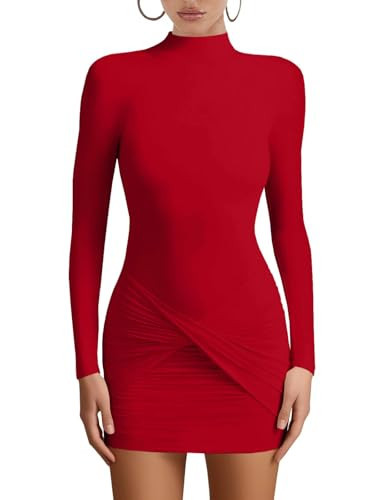 Misng Women's Sexy Long Sleeve Turtleneck Bodycon Mini Dresses Ruched Party Short Dress, Large, Red | Amazon (US)