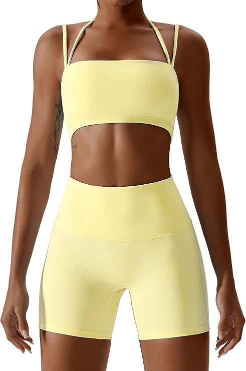 ABOCIW Workout Sets for Women 2 Piece Twist Front Halter Sports Bras High Waist Biker Shorts Exer... | Amazon (US)