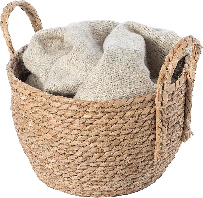 Vintiquewise Decorative Round Wicker Woven Rope Storage Blanket Basket with Braided Handles - Sma... | Amazon (US)