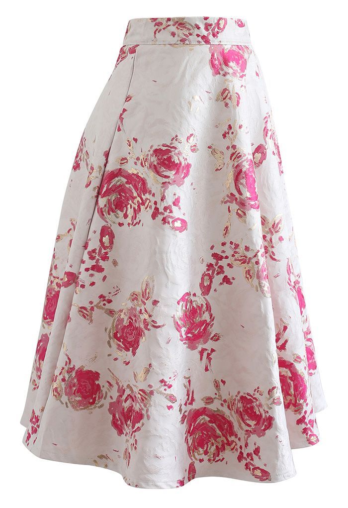 Reddish Rose Jacquard A-Line Midi Skirt | Chicwish