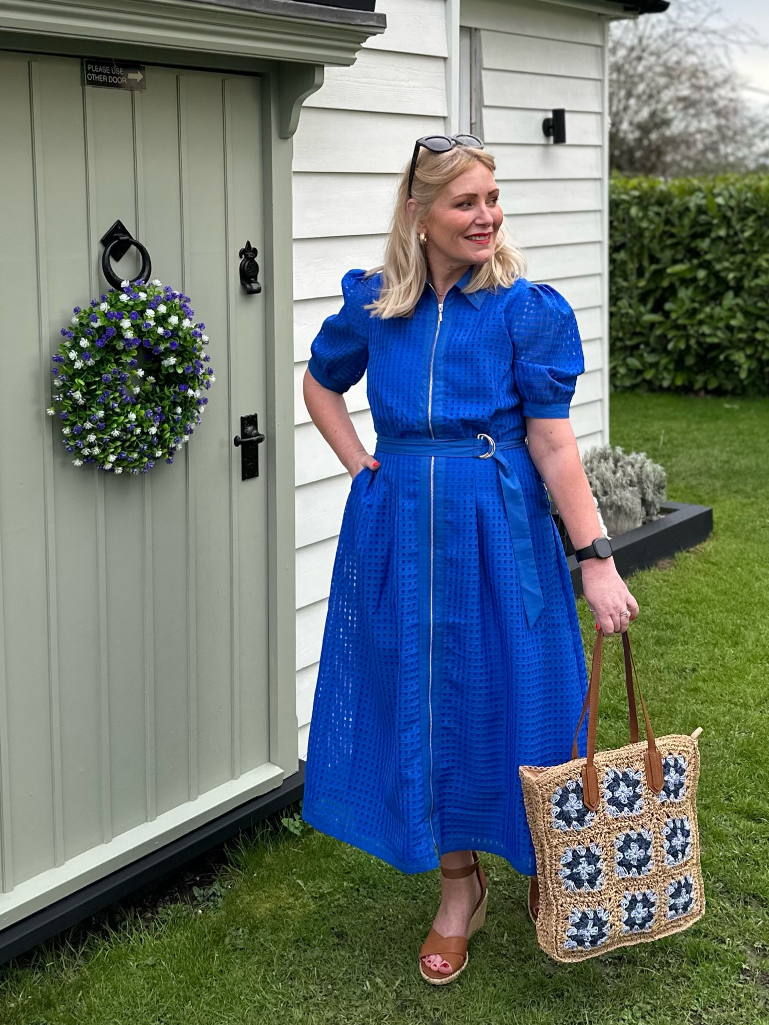 Summers calling 

I love this colbat blue dress with a textured pattern and puff sleeves and front zip detail, paired with tan wedges it’s the perfect statement dress for lunch out, or a day at the races dressed up with heels and a hat or fascinator 💙
Currently 20% off 
Linked the exact dress below and alternative options for the sandals and bag.  

#LTKover40 #LTKmidsize #LTKU