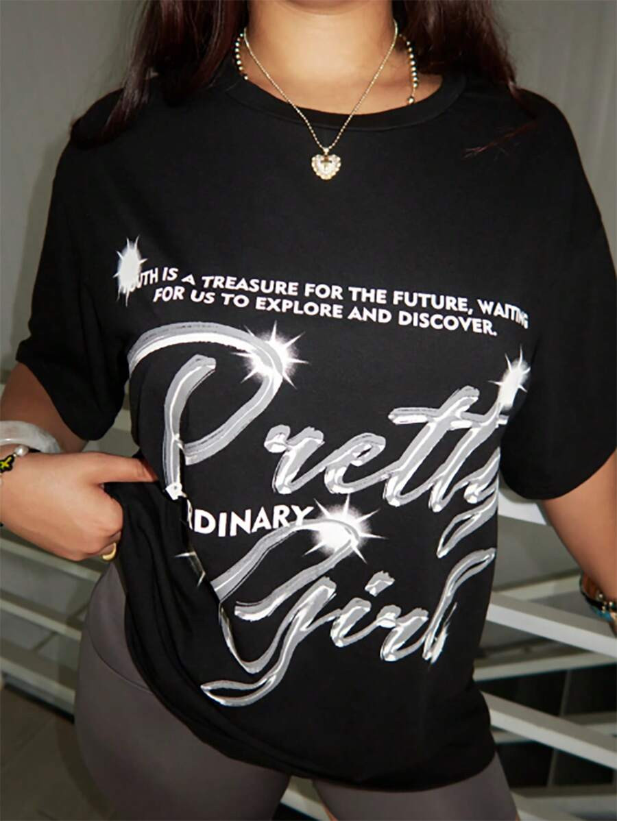 Dripcurv Plus Size Summer Casual Slogan Print Short Sleeve T-Shirt | SHEIN
