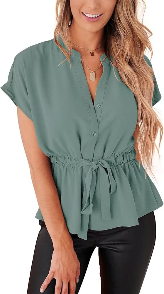 Womens Button Down Blouses Casual Peplum Summer Tops Dressy Chiffon Work Blouse | Amazon (US)