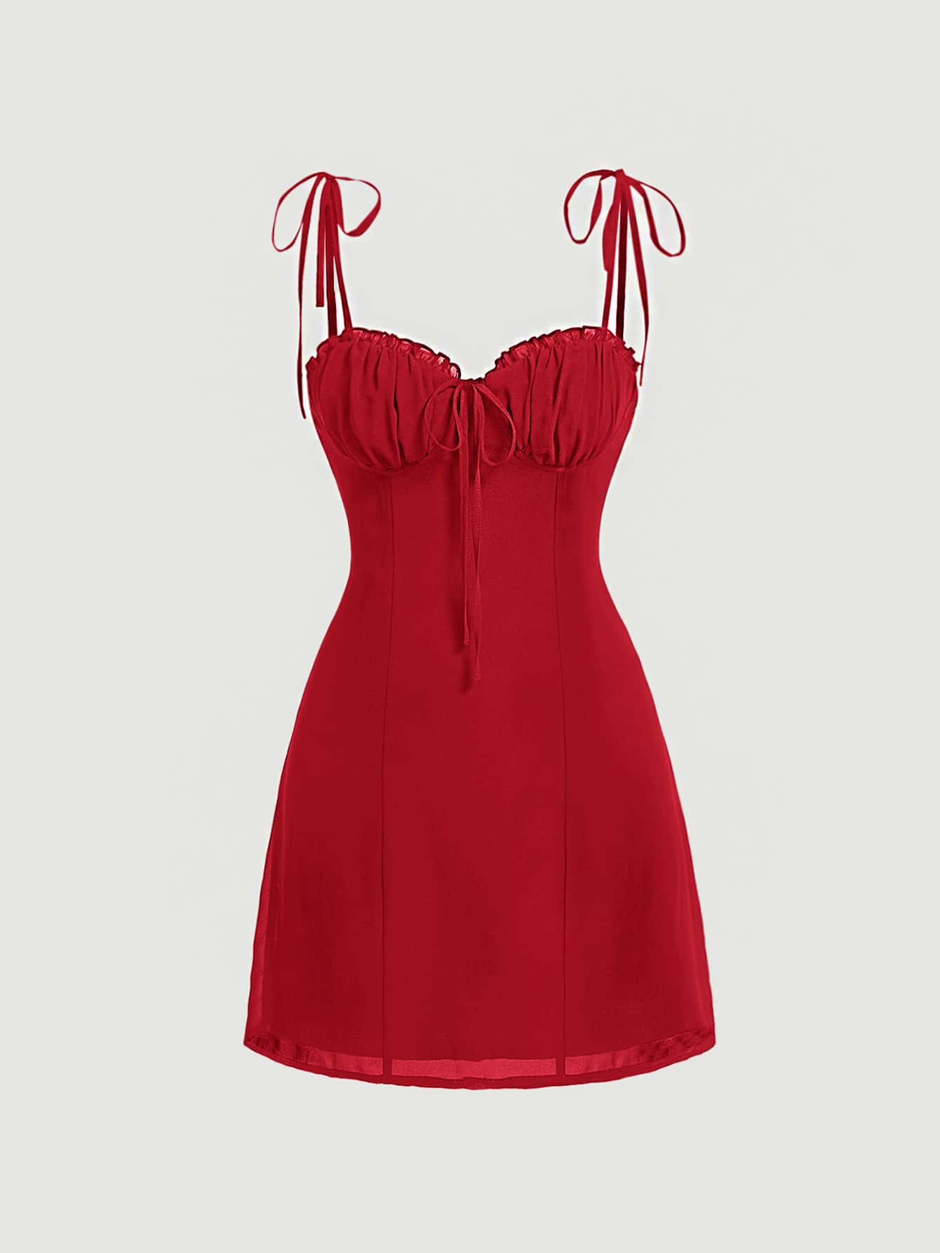 SHEIN MOD Red Ruffle Tie Shoulder Ruched Bust Tie Front Cami Dress | SHEIN
