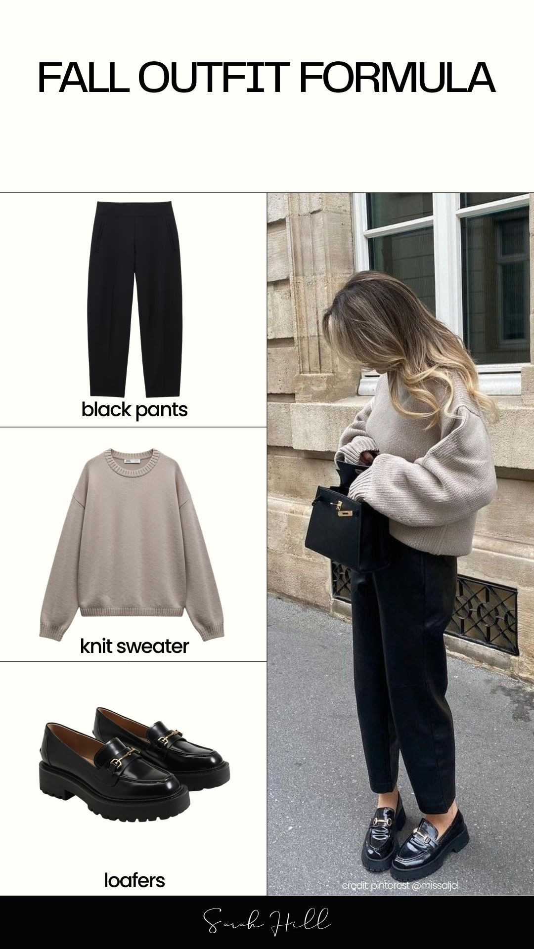 Fall outfit formula: black pull-on pants, light beige chunky knit sweater, black loafers with gold buckle 

 #LTKootd #LTKSeasonal