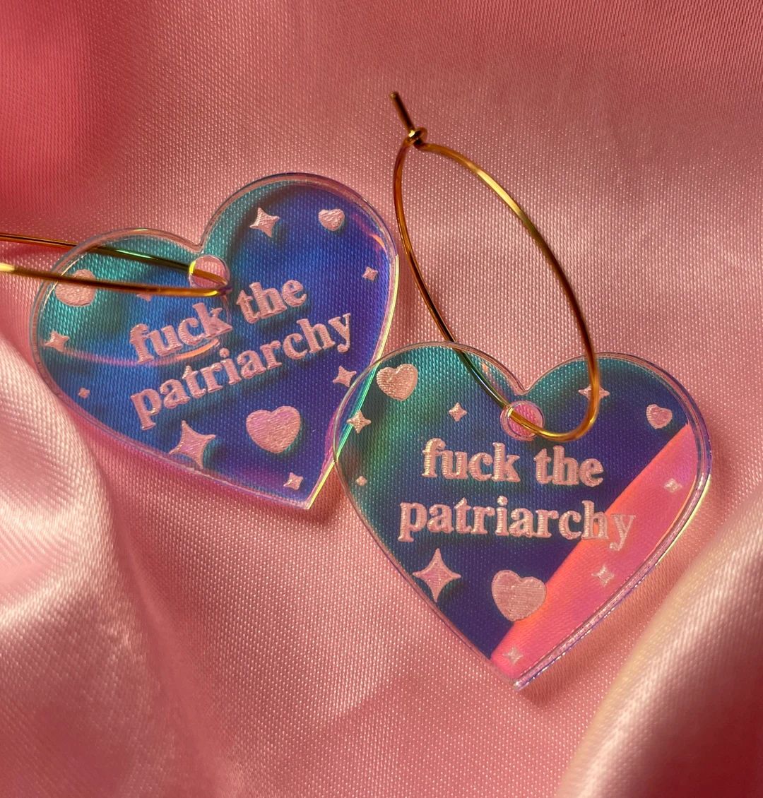 Iridescent Fuck The Patriarchy Heart Hoop Earrings | Etsy (US)