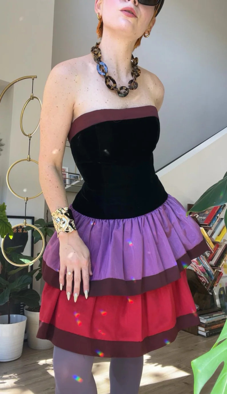 VTG 80s Colorblock Velvet Tiered Strapless Dress | Etsy (Global)