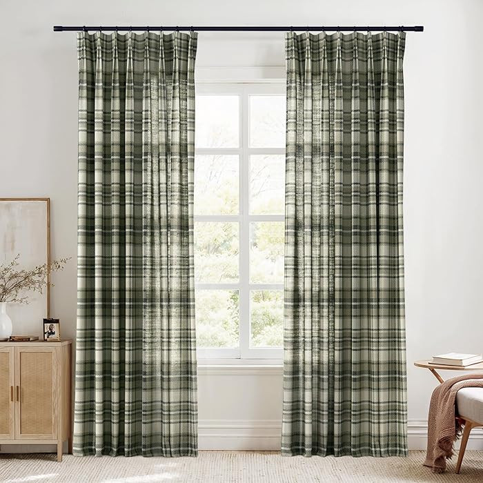 TWOPAGES Pinch Pleat Plaid Curtain 90 Inch Long Light Filtering Privacy Drape Linen Textured Tart... | Amazon (US)