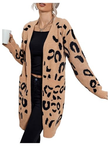 MakeMeChic Women's Leopard Cardigan Open Front Cheetah Sweater Long Cardigans Light Brown Large | Amazon (US)