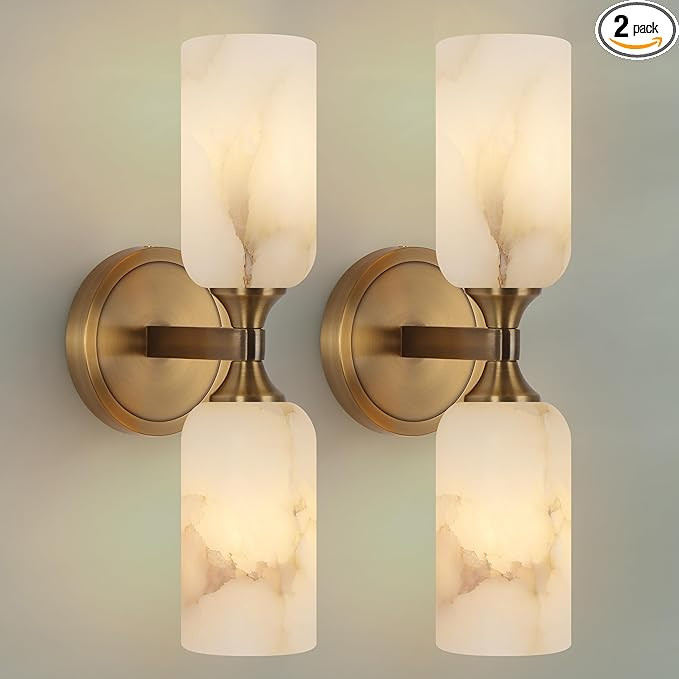 14.4in Gold Alabaster Wall Sconces Set of 2, Modern Brass Bathroom Sconce Light, Spanish Marble W... | Amazon (US)