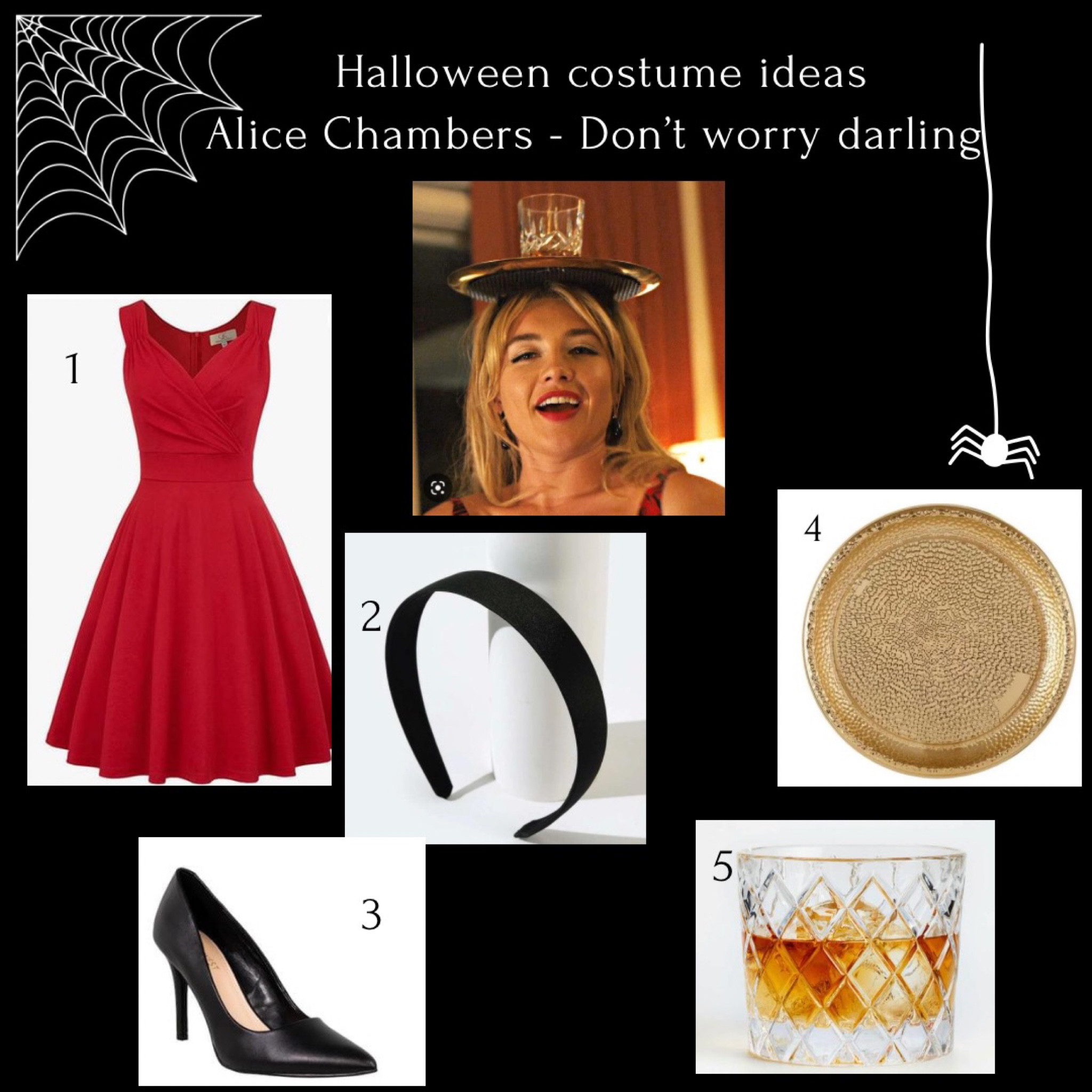 HALLOWEEN COSTUME IDEAS 
Alice chambers - Don’t worry darling 

Red dress - Amazon
Black headband - SHEIN 
Black pumps 
Gold tray - party city 
Plastic old fashioned cup - dollar store 

#LTKSeasonal #LTKHalloween