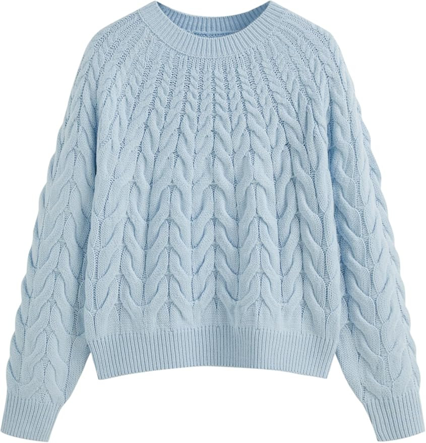 Cozy Sweaters for Women Trendy Cute Long Sleeve Crew Neck Casual Cable Knit Pullover Sweater Top ... | Amazon (US)