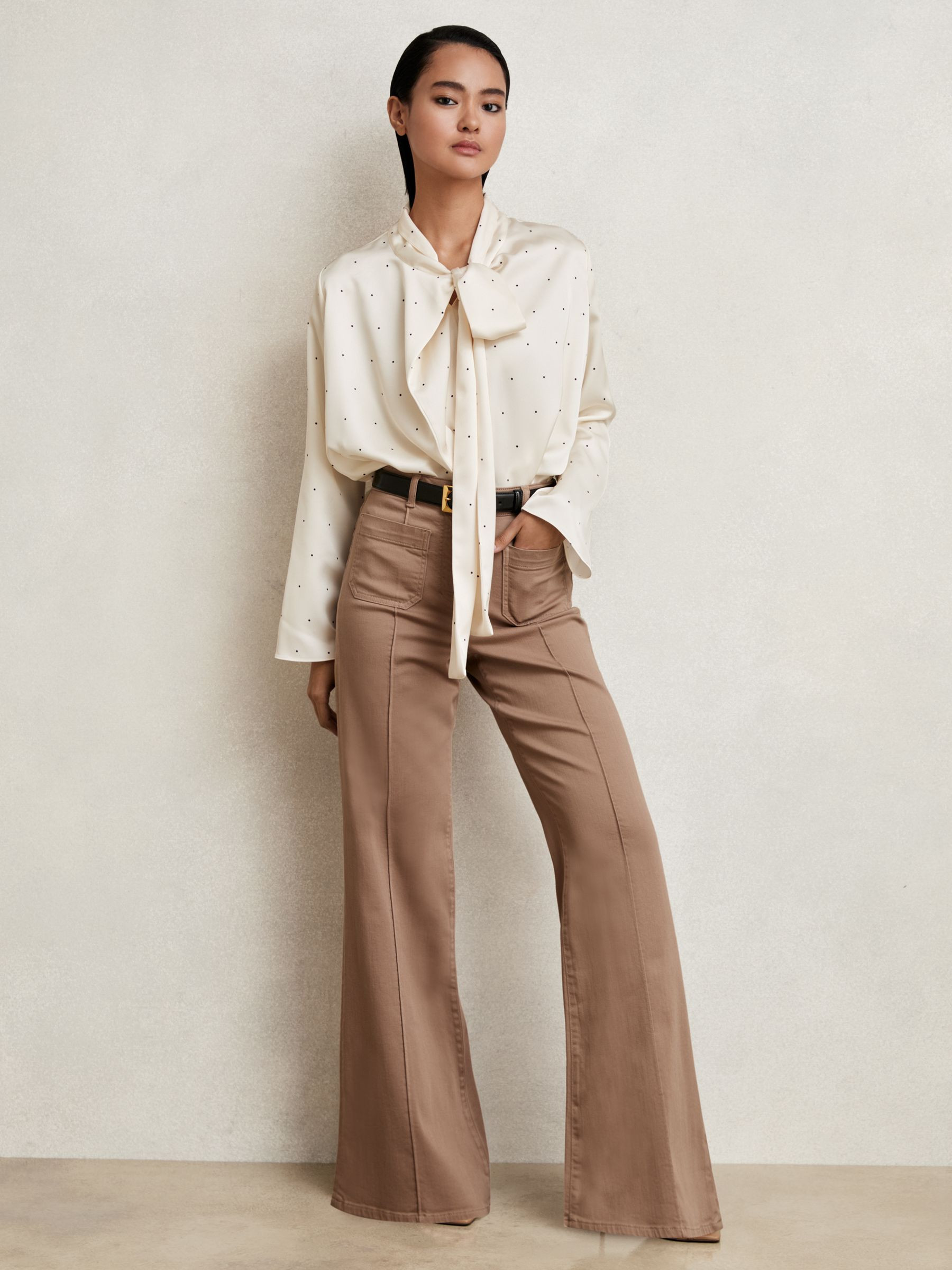 Satin Polka Dot Tie Neck Blouse in Ivory | Reiss UK