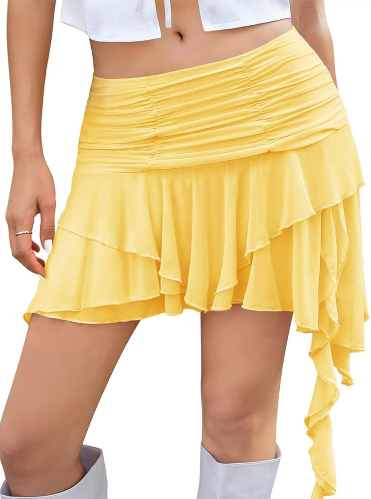Yousify Women's Y2K Mini Skirts Mesh Flowy Ruffled Skirt Layered Low Rise Pleated Asymmetrical Sh... | Amazon (US)