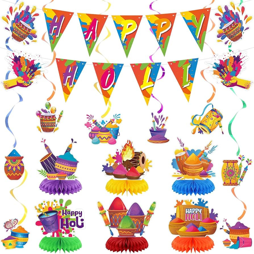 16 Pcs Holi Decorations Festival of Colors Party Supplies 2 Pcs Indian Happy Holi Banners 8 Pcs H... | Amazon (US)