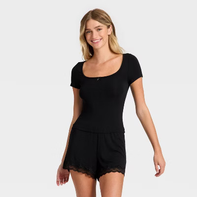 Women's Ribbed Short Sleeve Shirt and Shorts Pajama Set - Auden™ | Target