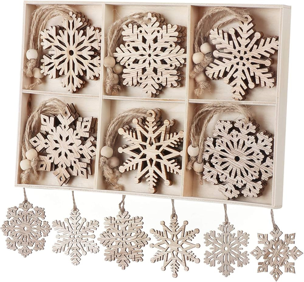 18Pcs Christmas Snowflakes Ornaments Wooden Tree Hanging Decorations Rustic Wood Crafts | Amazon (US)