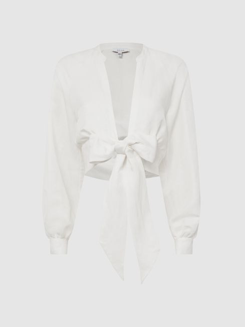 Reiss White Axelle Tie Front Cropped Blouse | Reiss UK