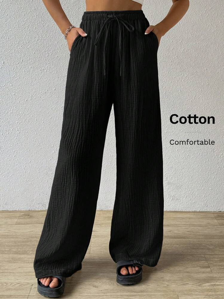 SHEIN EZwear Loose Wide-Leg Pants With Textured Wrinkled Fabric And Drawstring Waist | SHEIN
