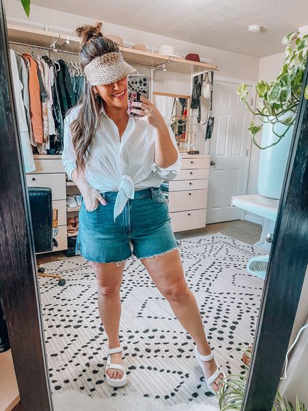 Vacation wear White button down top large 4” mom shorts sized up to a size 33 (size 16) in these cut off jean shorts (normally a size 14 or 32) Comfy walking sandals tts Woven visor

#LTKsalealert #LTKcurves #LTKstyletip