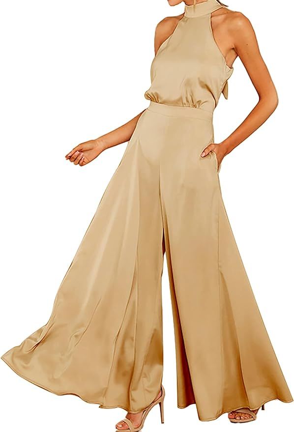Womens Sleeveless Halter Tied Jumpsuit with Pockets High Waist Wide Leg Pants for Women | Amazon (US)