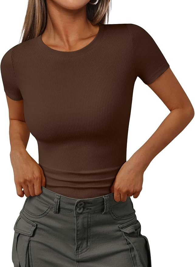 Trendy Queen Women's Crewneck Ribbed Knit Fitted T-Shirt | Amazon (US)