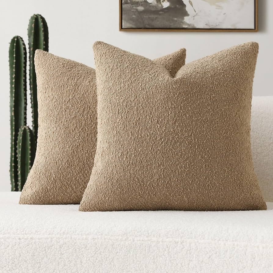 Pack of 2 Khaki Boucle Accent Decorative Throw Pillow Covers,18x18 Inch Soft Solid Textured Cushi... | Amazon (US)