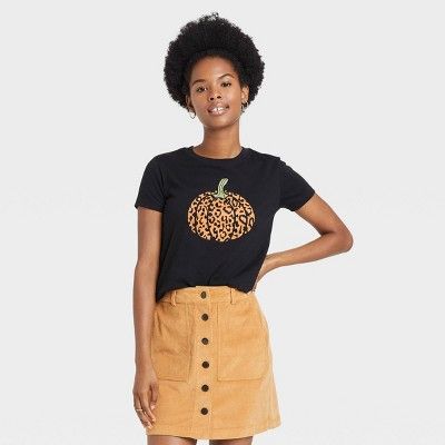Women's Halloween Pumpkin Leopard Print Logo Short Sleeve Graphic T-Shirt - Black | Target