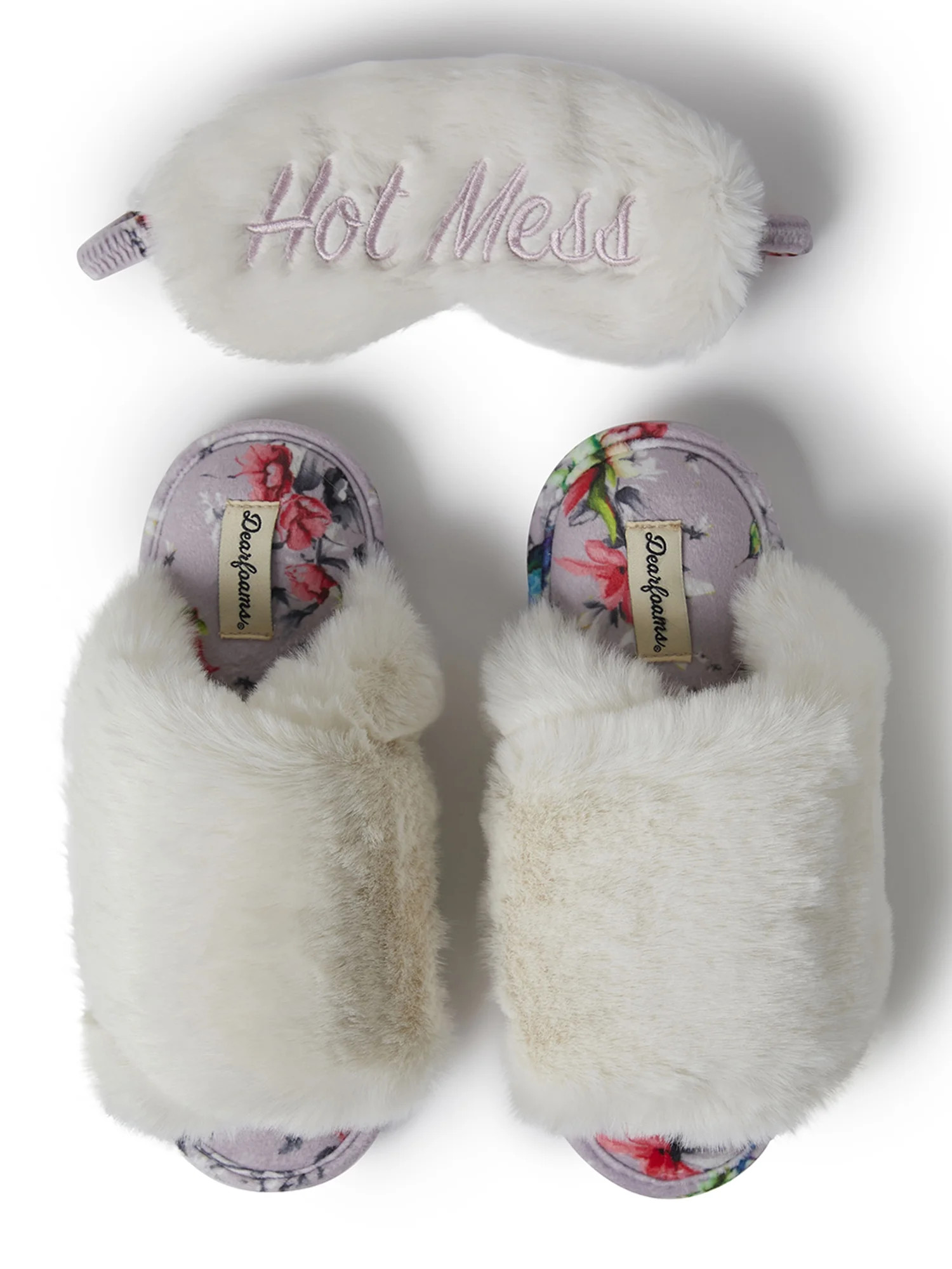 Dearfoams Women's Mother's Day Furry Cross Band Slide with Eyemask Slippers | Walmart (US)