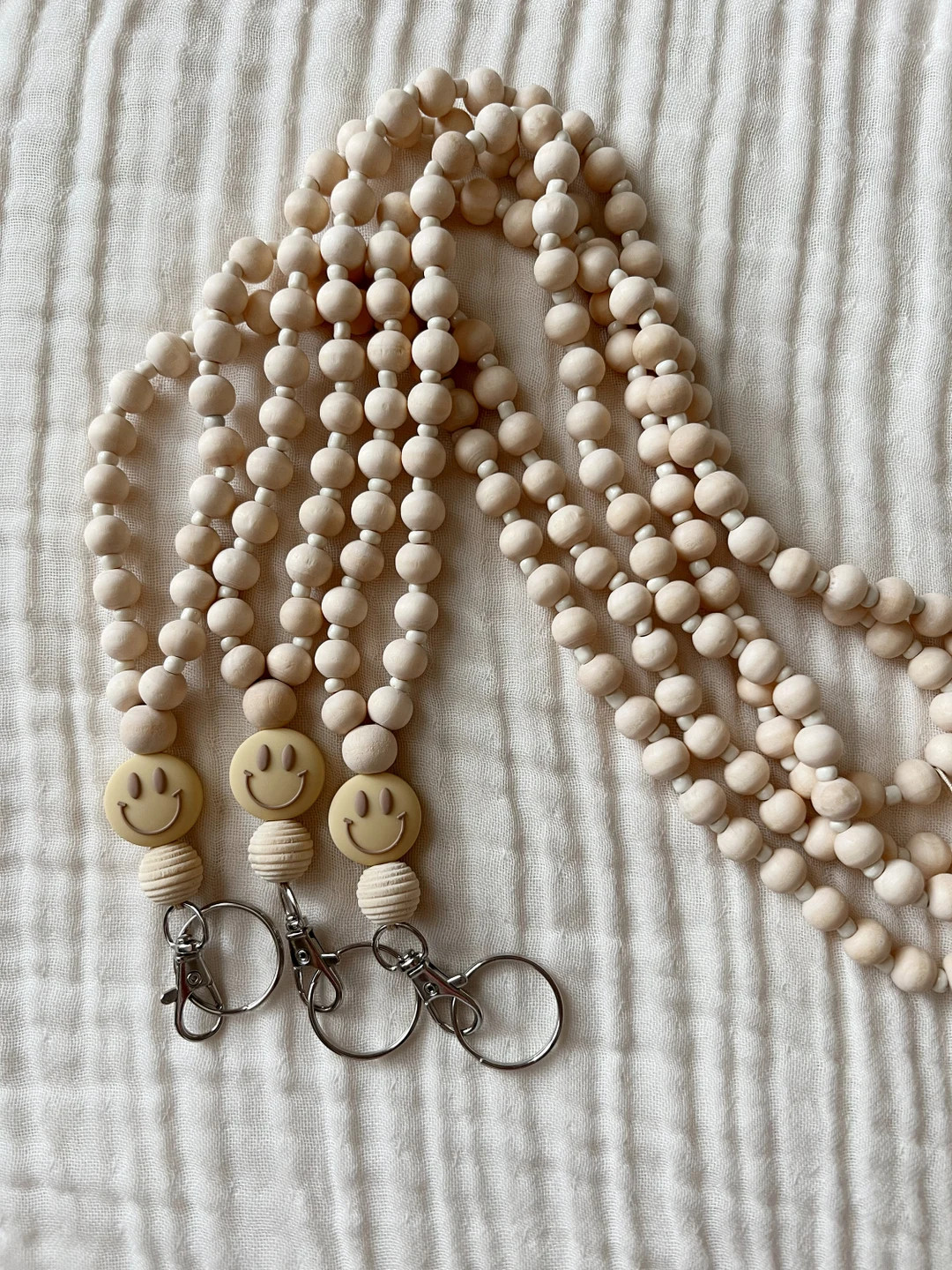 Neutral Smiley Lanyard, Wood bead lanyard, wood lanyard, teacher lanyard, boho teacher | Etsy (US)