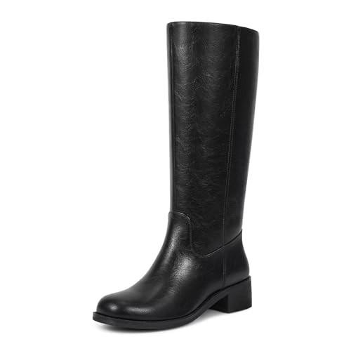 ISNOM Black Knee High Boots for Women Round Square Toe Chunky Block Riding Tall Boots Platform Banana Boot Campus Boot with Zipper | Amazon (US)