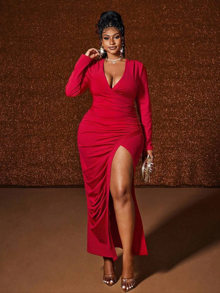 Maweii Plus Size Women's Sexy Solid Deep V-Neck Ruched Fitted High Slit Dress Fall Cloth For Women | SHEIN