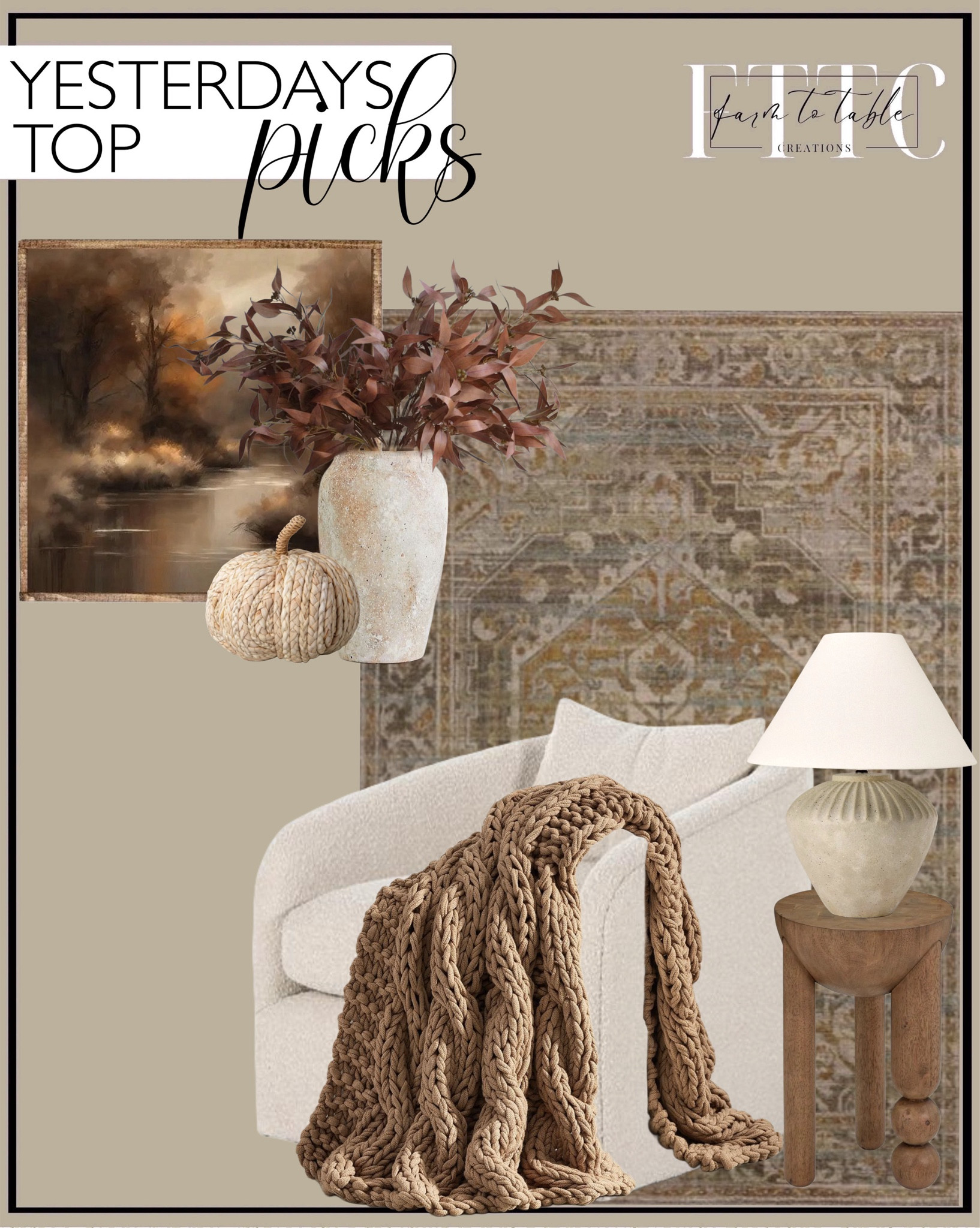 Yesterday’s Top Picks. Follow @farmtotablecreations on Instagram for more inspirational.

Use code FARMTOTABLE for 15% off framed art  

Perrin Modern Classic Beige Performance Boucle Swivel Occasional Barrel Chair. Morse cognac accent table. Artisan vase. Ceramic Table Lamp-Treshold. Artificial eucalyptus. Woven Pumpkin. Mona Area Rug. Colossal
knit throw. Pottery barn. Calmness of the stream. 

Bedroom corner | Coffee Table Decor | Fall Decor | Fall Stem Sale | Target Finds | Skinny Bench | Bedroom | Living Room | Breakfast Nook | Amazon Home | Target Sale | Loloi Rugs | Magnolia Home | console table | console table styling | faux stems | entryway space | home decor finds | neutral decor | entryway decor | cozy home | affordable decor |  home decor | home inspiration | fall stems | fall console | spring vignette | fall decor | fall decorations | console styling | entryway rug | cozy moody home | moody decor | neutral home

#LTKFindsUnder50 #LTKSaleAlert #LTKHome