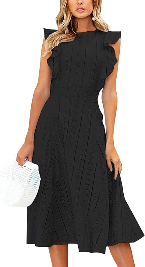 ECOWISH Womens Dresses Elegant Wedding Cocktail Ruffles Cap Sleeves Summer A-Line Midi Dress Blac... | Amazon (US)